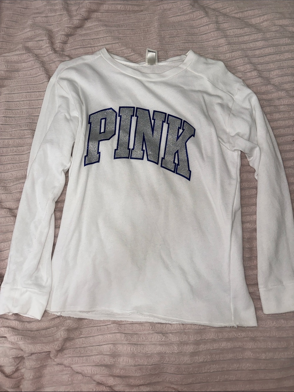 PINK Victoria's Secret White Long-Sleeve Tee with Blue-Outlined Logo